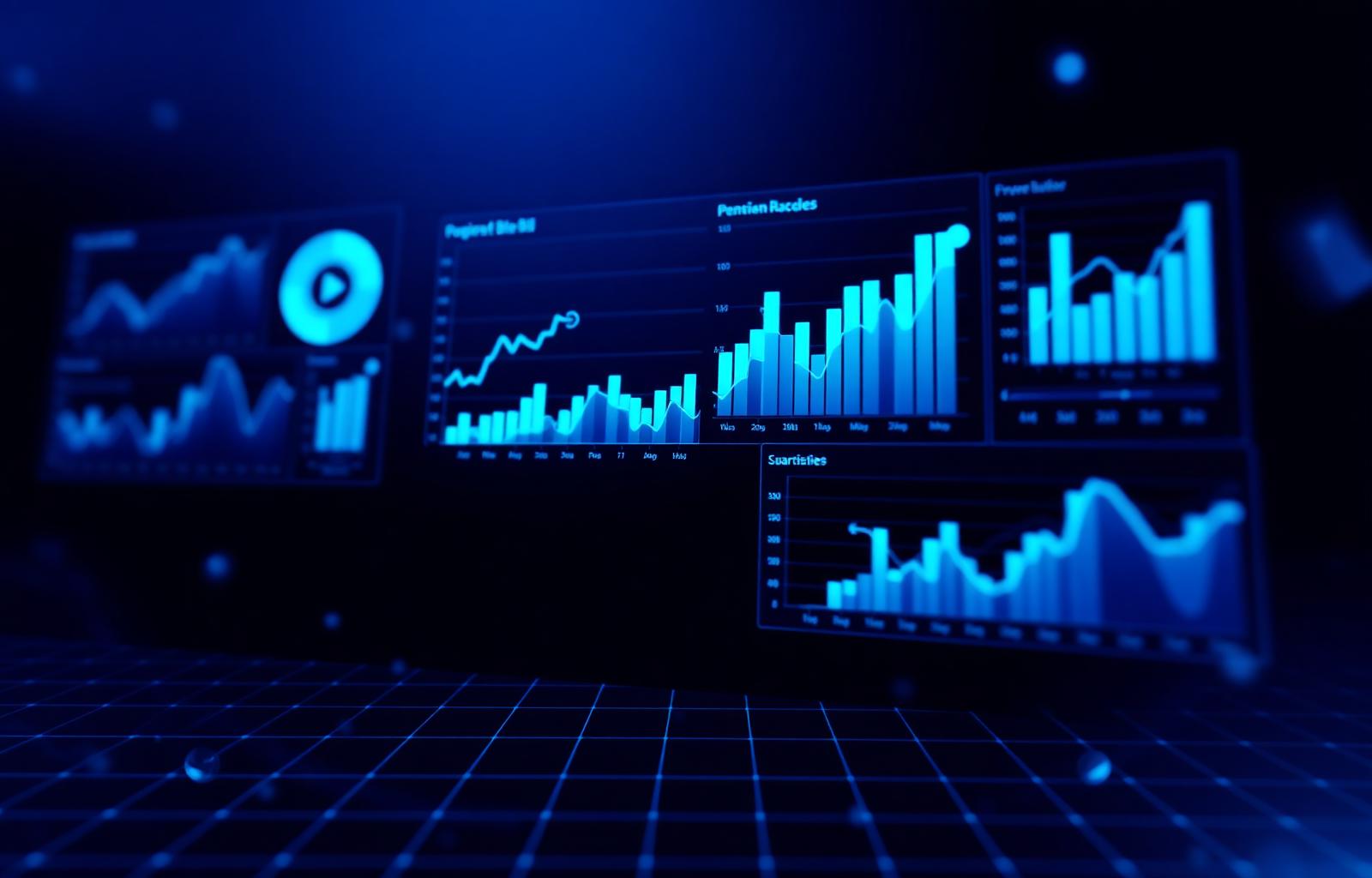 Power BI dashboards with charts and KPIs glowing on a dark background