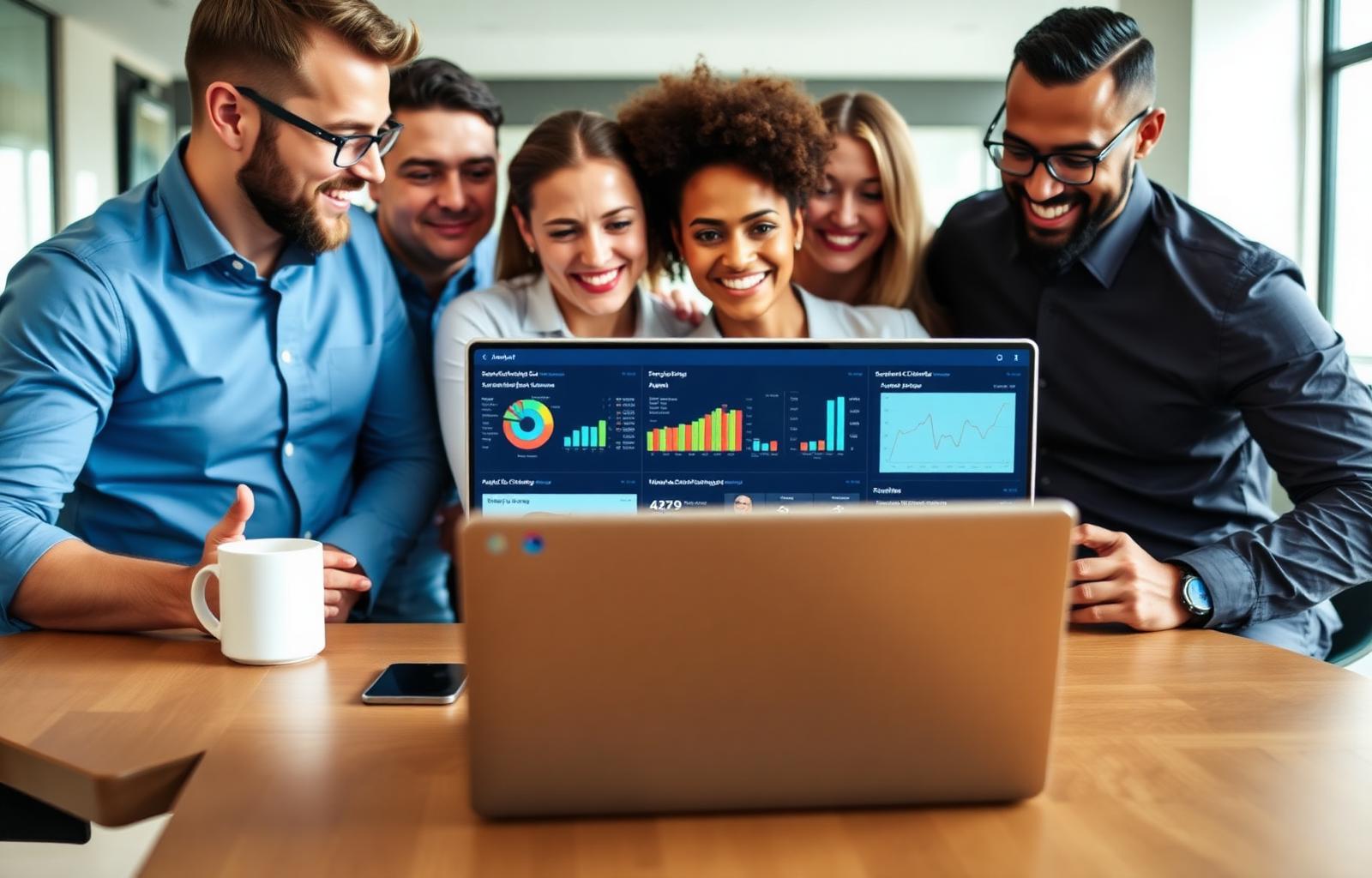 A friendly UK business team reviewing Power BI dashboards together on a laptop